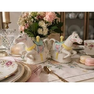 Vintage Carousel Horse Ceramic Cream and Sugar Bowl Set Equestrian Decor